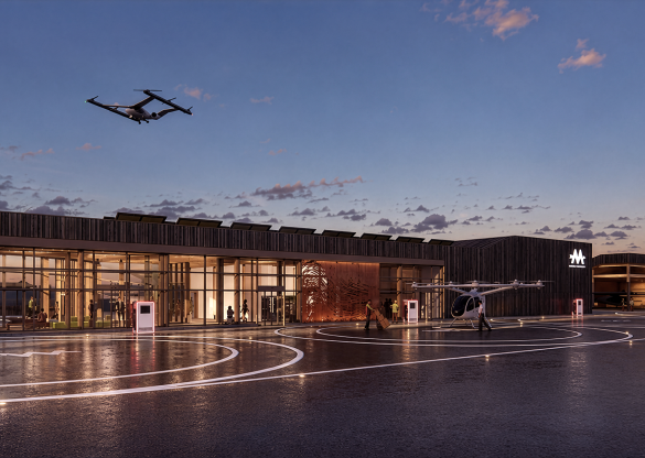 Maquette conceptuelle d'un vertiport de faible hauteur, avec une verrière en bois, une entrée pour les passagers, un accès routier et un aéronef électrique visible à côté du bâtiment.
