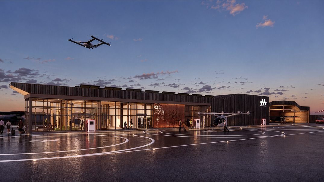 Maquette conceptuelle d'un vertiport de faible hauteur, avec une verrière en bois, une entrée pour les passagers, un accès routier et un aéronef électrique visible à côté du bâtiment.